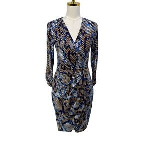 Y2K Cache Womens Blue Snakeskin Print Faux Wrap Sheath Dress M Gold Buckle
